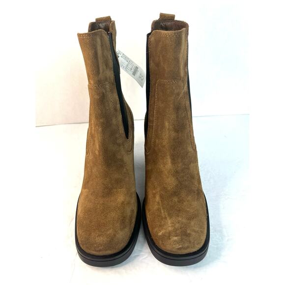 NWT Zara Brown Suede Chelsea High Block Heel Pull Tab Slip On Ankle Boots Sz 6.5 - Picture 3 of 10